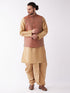 Vastramay Men's Rose Gold Solid Silk Blend Kurta and Dhoti With Maroon Nehru Jacket